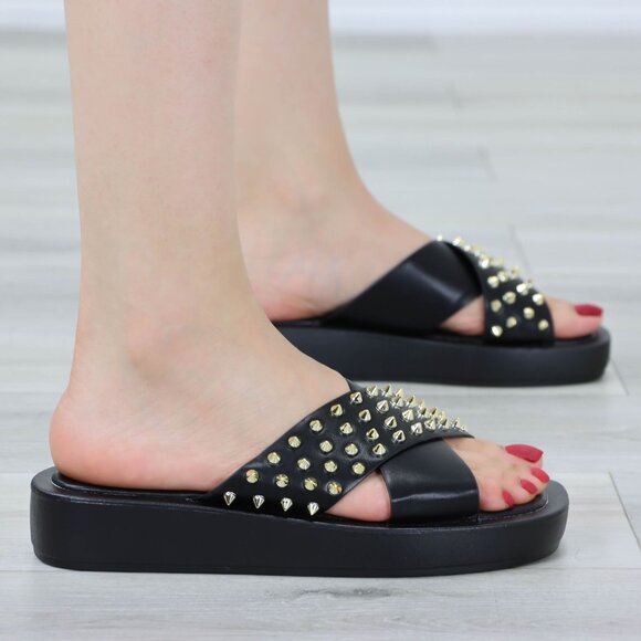 Black Sliders Slip On Sandals Faux Leather Gold Metal Stud Criss Cross - Picture 4 of 12